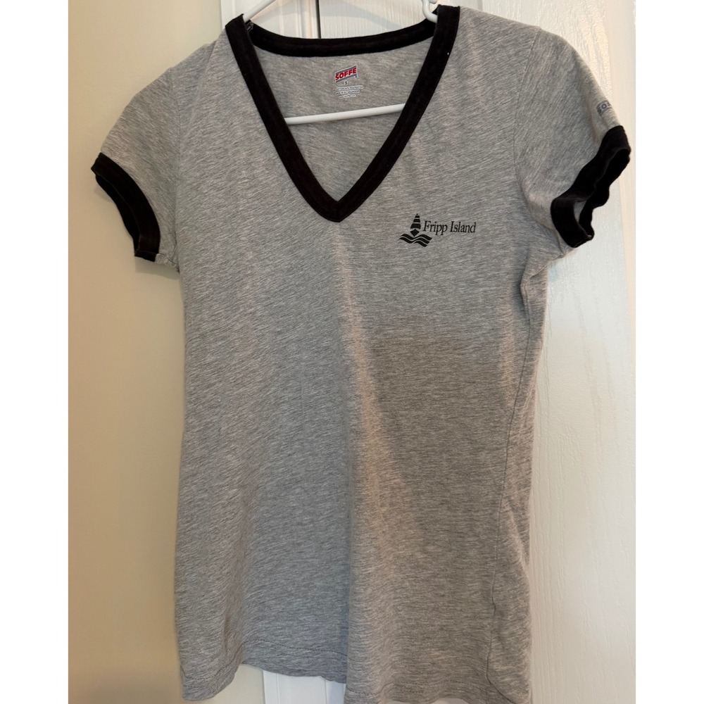 Soffe Women Gray Fripp Island Ringer V-Neck T-Shirt Small Heathered Jersey Tee
